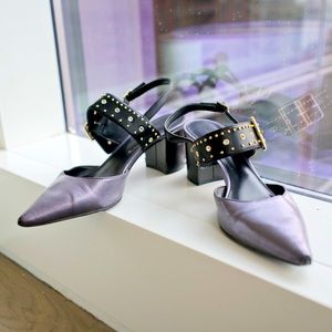 Silver grey pointed toe cube heels